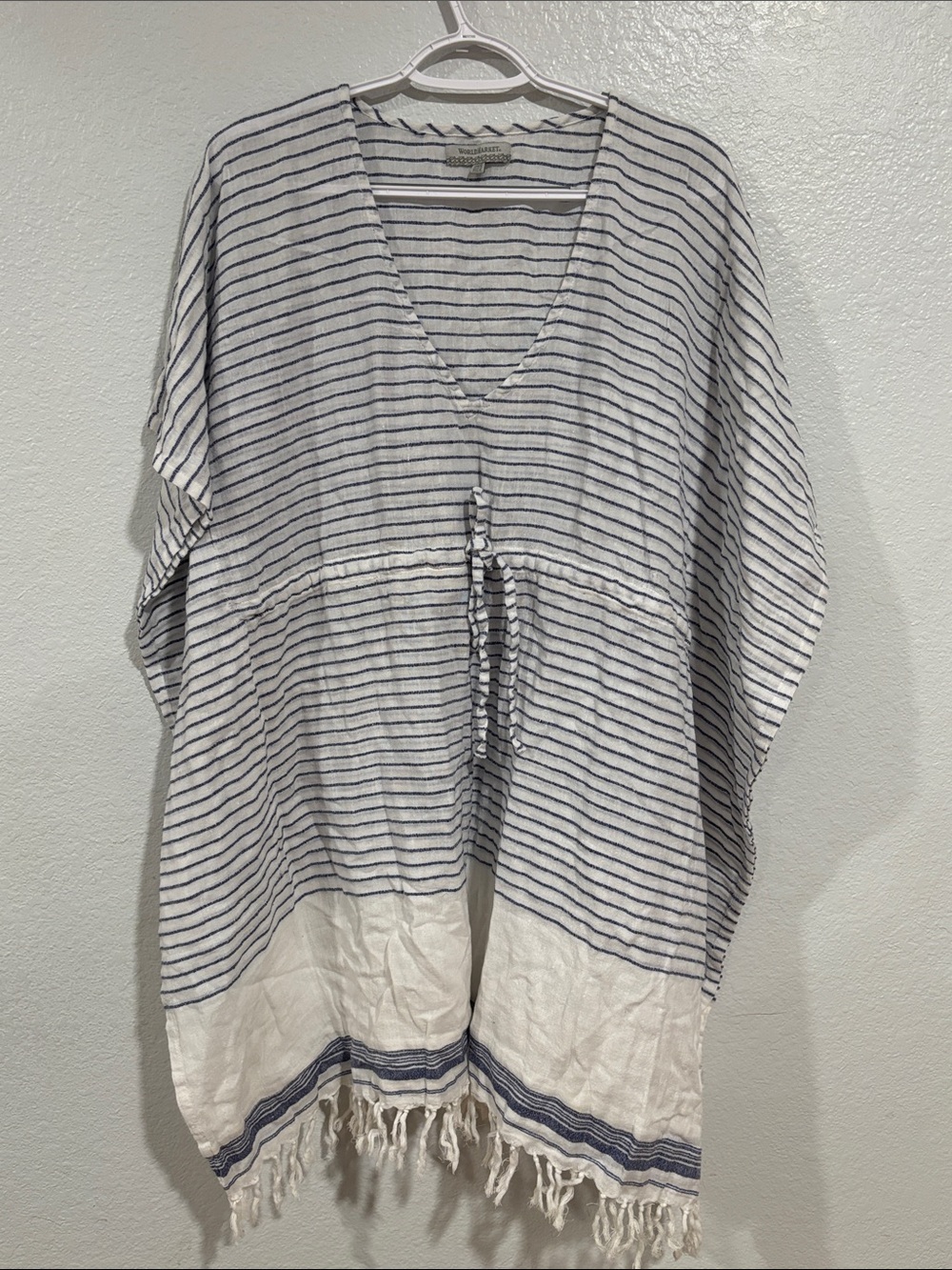 Cost Plus World Market White and Navy Striped Women's Swim Coverup